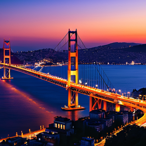 A breathtaking panoramic view of a city at twilight, where the sky transitions from vibrant hues of orange, purple, and crimson to a deep, infinite navy blue. The first delicate stars are beginning to twinkle. City lights softly illuminate, highlighting the silhouettes of distant buildings and a grand bridge, like the Bosphorus Bridge, gleaming with its own illumination. The atmosphere is serene and magical, evoking a sense of peaceful reflection. Professional photography, high resolution, ultra quality, safe for work, appropriate content, fully clothed, family-friendly, perfect anatomy, correct proportions, natural body proportions, well-formed hands, proper finger count.
