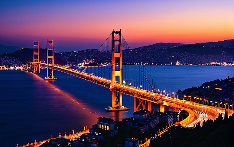 A breathtaking panoramic view of a city at twilight, where the sky transitions from vibrant hues of orange, purple, and crimson to a deep, infinite navy blue. The first delicate stars are beginning to twinkle. City lights softly illuminate, highlighting the silhouettes of distant buildings and a grand bridge, like the Bosphorus Bridge, gleaming with its own illumination. The atmosphere is serene and magical, evoking a sense of peaceful reflection. Professional photography, high resolution, ultra quality, safe for work, appropriate content, fully clothed, family-friendly, perfect anatomy, correct proportions, natural body proportions, well-formed hands, proper finger count.