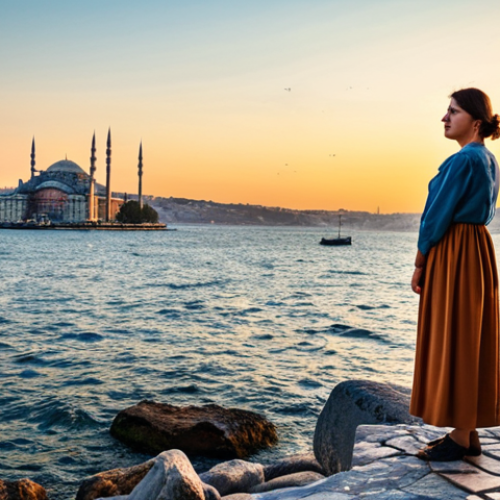 **

"A woman in a modest sundress, standing on the rocky shore at Sunset Point in Istanbul, fully clothed, appropriate attire, watching the sunset over the Bosphorus. In the background: cityscape of Istanbul, calm sea reflecting the warm colors of the sky. Perfect anatomy, correct proportions, natural pose, professional photography, safe for work, family-friendly."

**