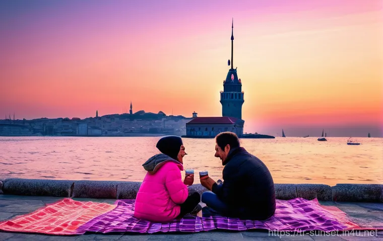 선셋포인트 명소에서의 가족 여행 - **Prompt:** A Turkish family, consisting of a mother, father, and two children (a girl aged about 8 ...